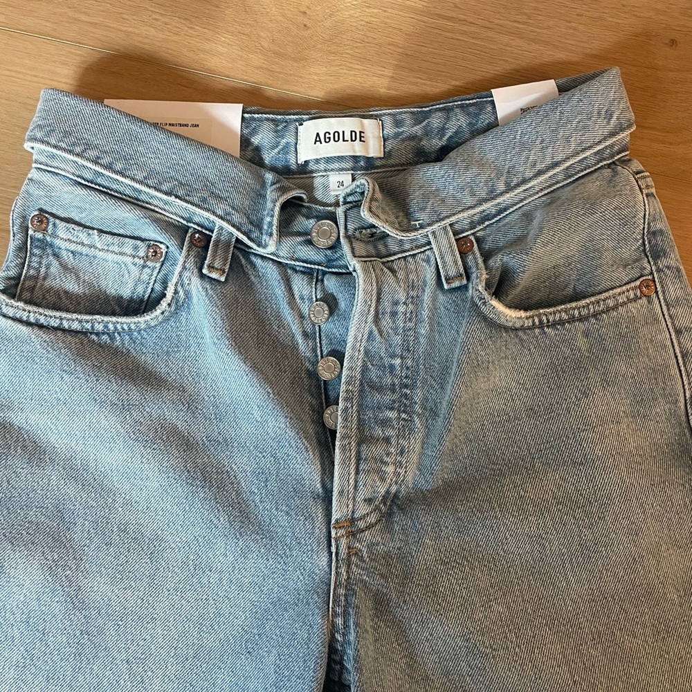 Agolde Denim Fold Over Button-Fly Jeans in Light Blue